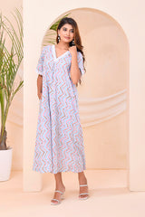 Ivory Blue Chevron Print  Kafty Lounge Dress