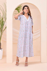 Ivory Blue Chevron Print  Kafty Lounge Dress