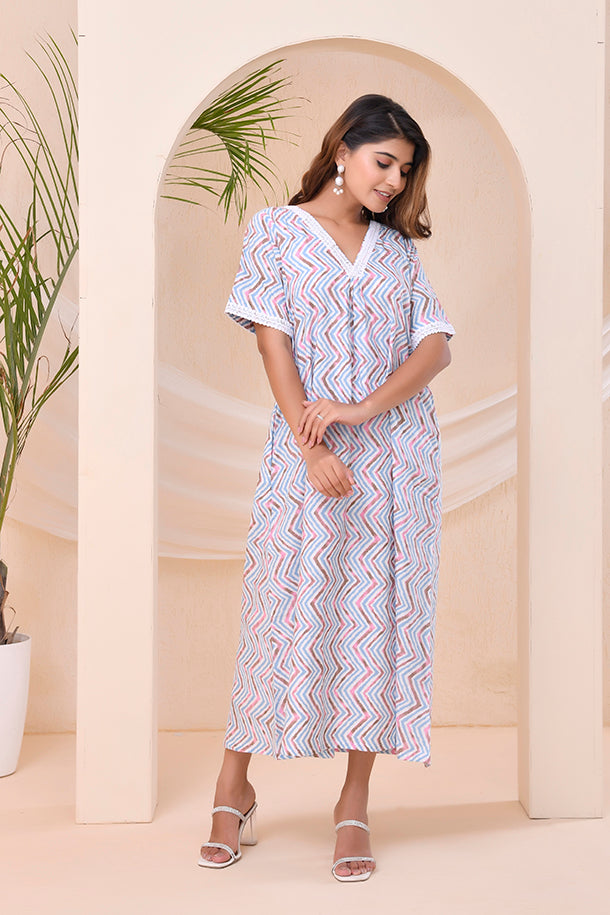 Ivory Blue Chevron Print  Kafty Lounge Dress