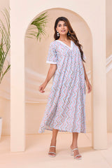 Ivory Blue Chevron Print  Kafty Lounge Dress