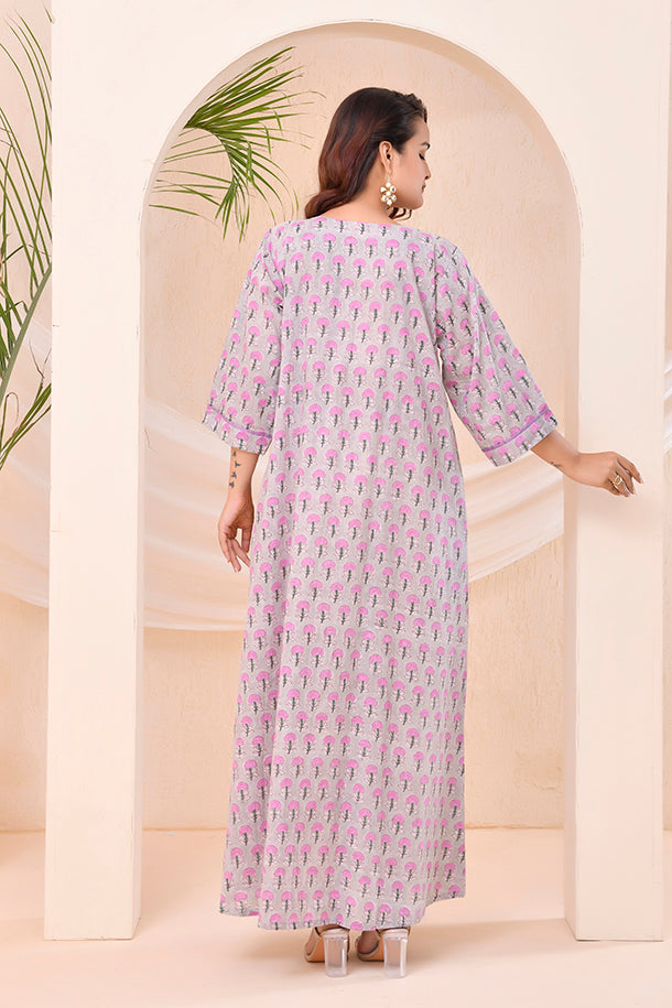 Grey Purple Block Print  Kaftan Style Lounge Dress