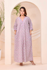 Grey Purple Block Print  Kaftan Style Lounge Dress