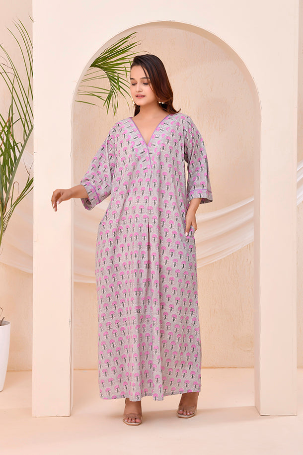 Grey Purple Block Print  Kaftan Style Lounge Dress