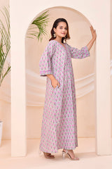 Grey Purple Block Print  Kaftan Style Lounge Dress