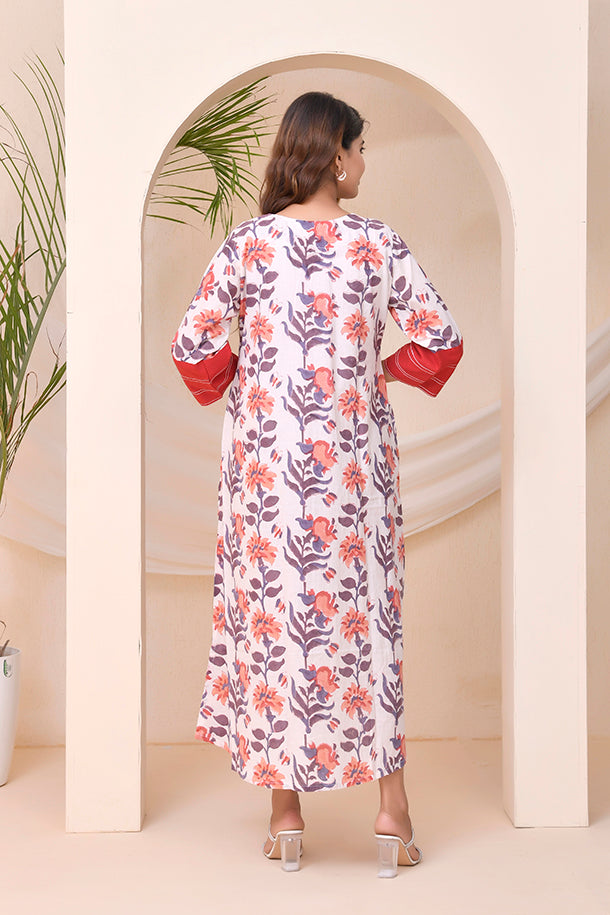 Ivory Red Floral Block Print  Kaftan Style Nighty Dress