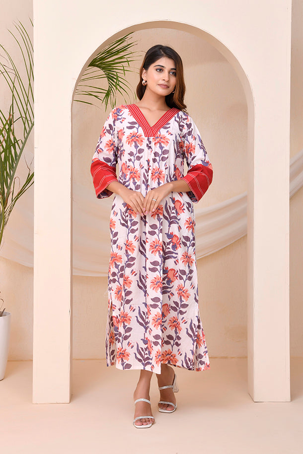 Ivory Red Floral Block Print  Kaftan Style Nighty Dress