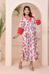 Ivory Red Floral Block Print  Kaftan Style Nighty Dress