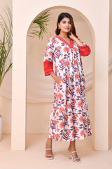 Ivory Red Floral Block Print  Kaftan Style Nighty Dress