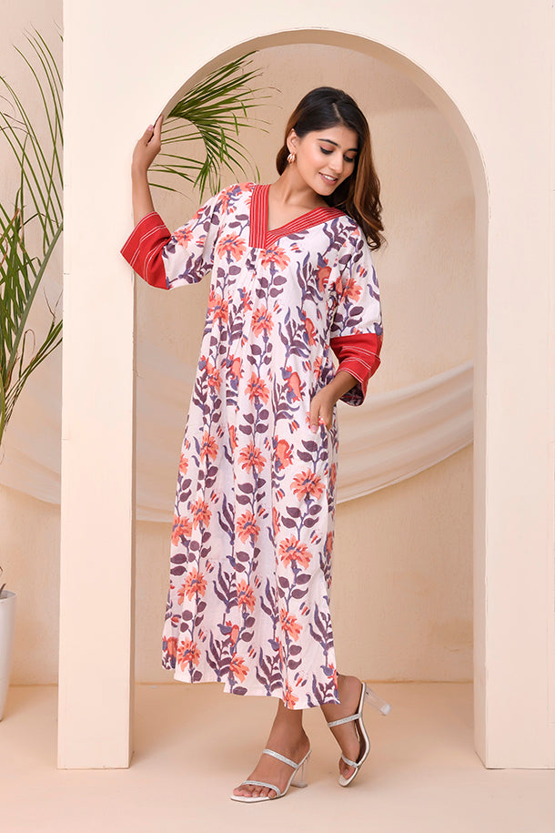 Ivory Red Floral Block Print  Kaftan Style Nighty Dress