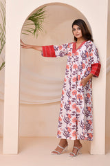 Ivory Red Floral Block Print  Kaftan Style Nighty Dress