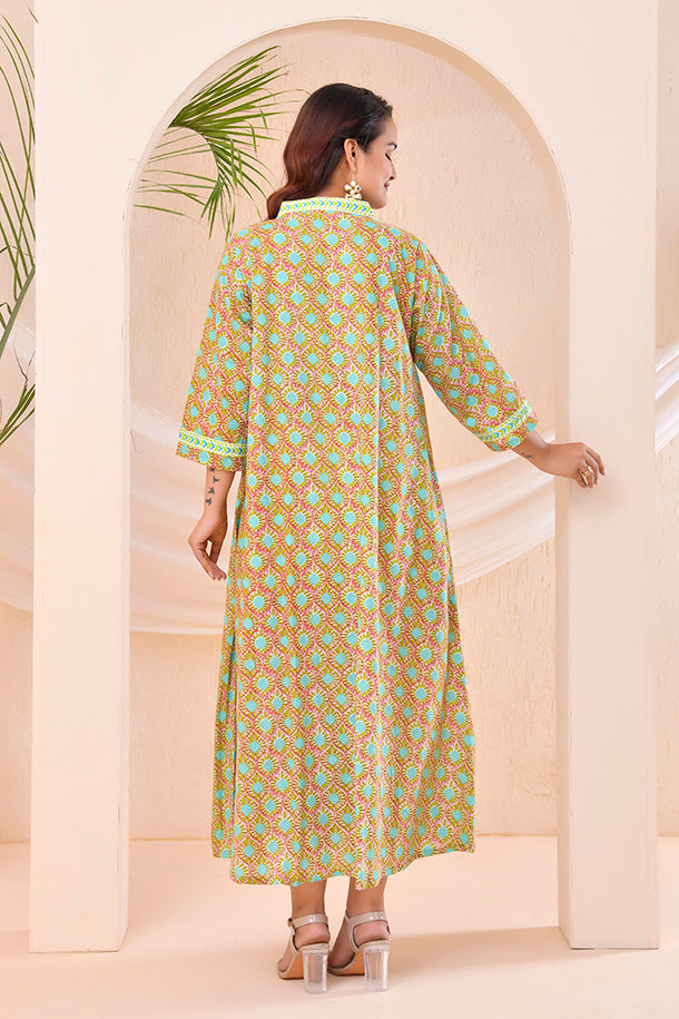 Green Rust Abstract Print  Kafty Lounge Dress