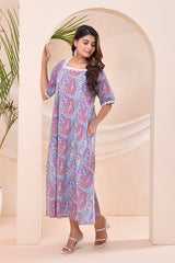 purple Blue Floral Print  Kafty Lounge Dress