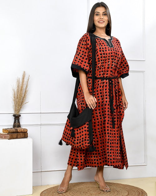 Rust Red Polka Hand Block Printed Kaftan Dress