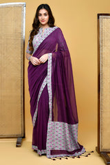 Elegant Handloom Mul Cotton Aubergine Saree with Floral Blouse