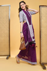 Elegant Handloom Mul Cotton Aubergine Saree with Floral Blouse