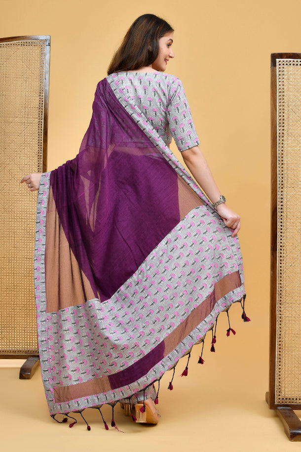 Elegant Handloom Mul Cotton Aubergine Saree with Floral Blouse