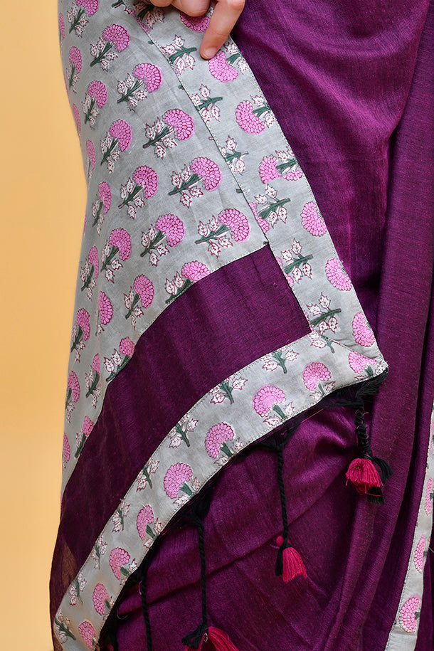 Elegant Handloom Mul Cotton Aubergine Saree with Floral Blouse