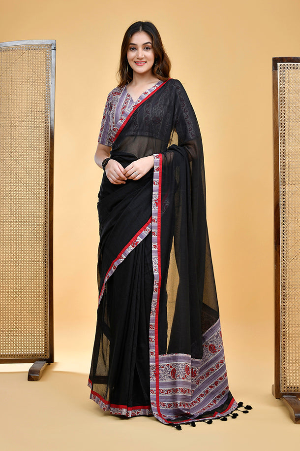 Elegant Handloom Mul Cotton Black Saree with Red and Grey Accents