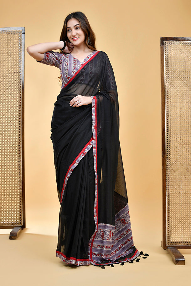 Elegant Handloom Mul Cotton Black Saree with Red and Grey Accents