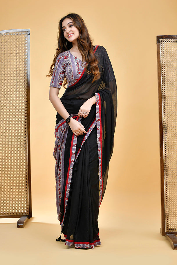 Elegant Handloom Mul Cotton Black Saree with Red and Grey Accents