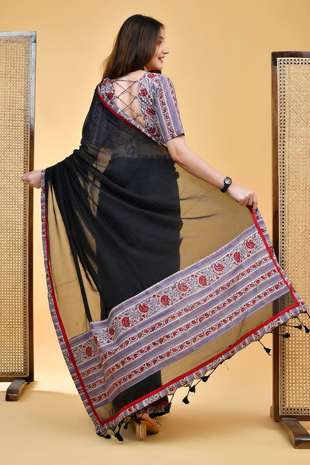 Elegant Handloom Mul Cotton Black Saree with Red and Grey Accents