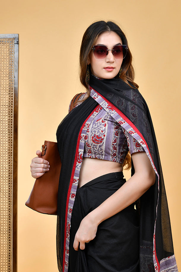 Grey and Red Maroon Cotton Blouse with Hand Block Print and Lace-Up Back