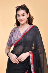 Elegant Handloom Mul Cotton Black Saree with Red and Grey Accents