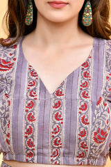 Grey and Red Maroon Cotton Blouse with Hand Block Print and Lace-Up Back