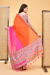 Vibrant Handloom Mul Cotton Pink and Orange Saree with Floral Accents