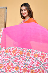 Vibrant Handloom Mul Cotton Pink and Orange Saree with Floral Accents