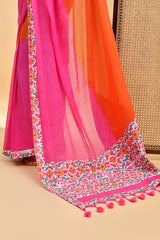 Vibrant Handloom Mul Cotton Pink and Orange Saree with Floral Accents