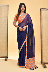 Chic Handloom Mul Cotton Navy Blue Saree with Vibrant Orange Blouse