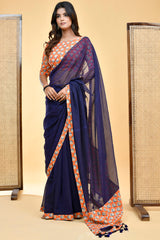 Chic Handloom Mul Cotton Navy Blue Saree with Vibrant Orange Blouse