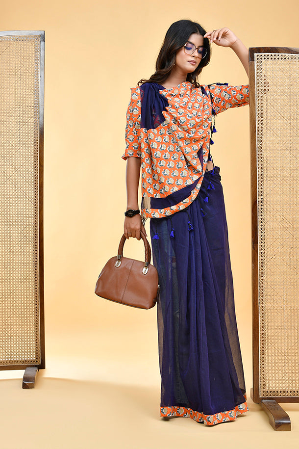 Chic Handloom Mul Cotton Navy Blue Saree with Vibrant Orange Blouse