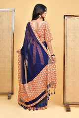 Chic Handloom Mul Cotton Navy Blue Saree with Vibrant Orange Blouse