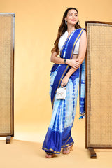 Ocean Blue and White Shibori Tie-Dye Mul Cotton Saree