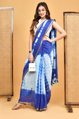 Ocean Blue and White Shibori Tie-Dye Mul Cotton Saree