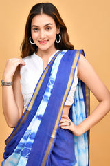 Ocean Blue and White Shibori Tie-Dye Mul Cotton Saree