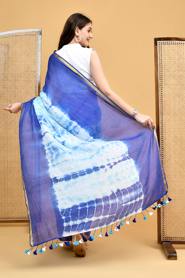 Ocean Blue and White Shibori Tie-Dye Mul Cotton Saree