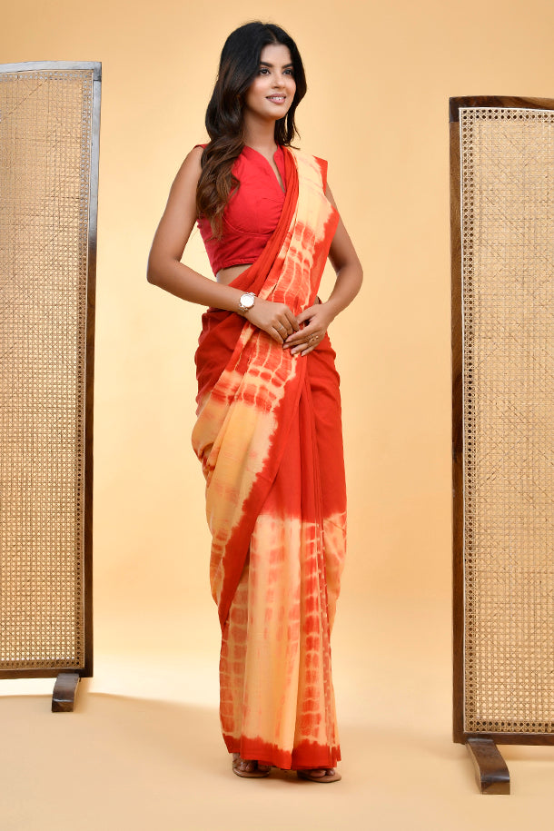 Mul-यिका Vibrant Red and Yellow Tie-Dye Saree