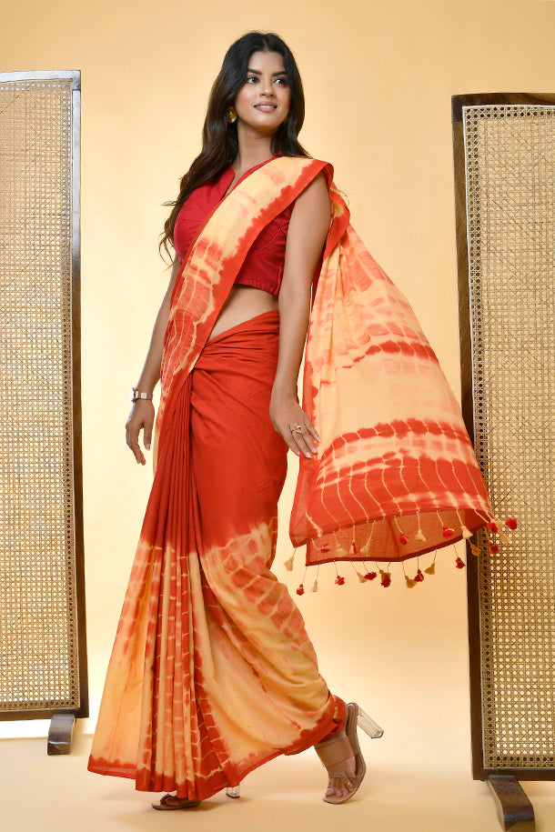 Mul-यिका Vibrant Red and Yellow Tie-Dye Saree