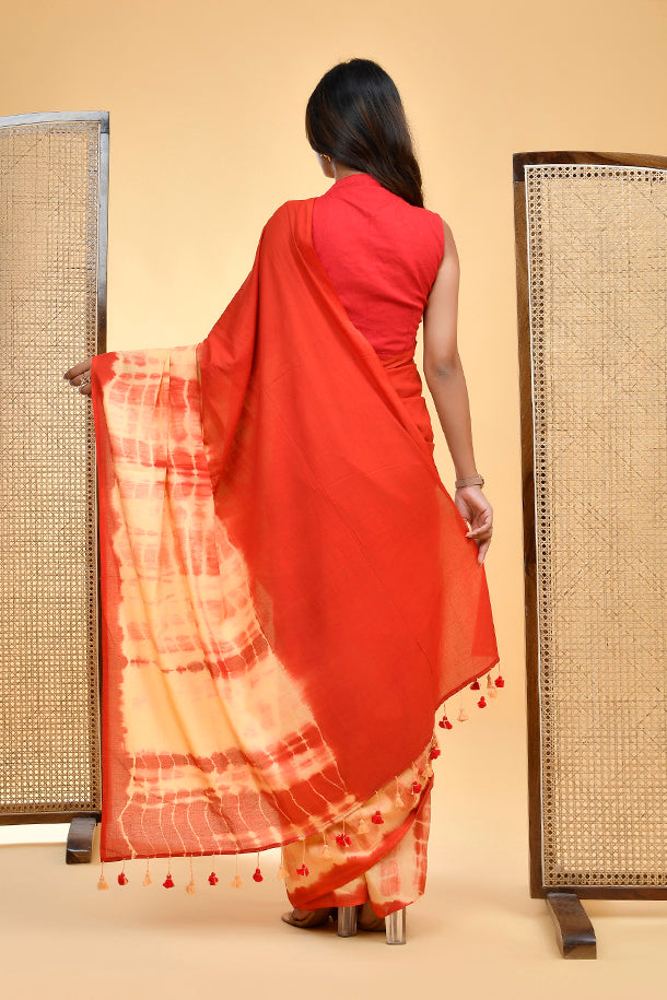 Mul-यिका Vibrant Red and Yellow Tie-Dye Saree