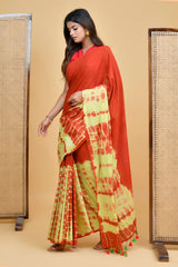 Fiery Red and Yellow Shibori Tie-Dye Mul Cotton Saree