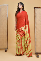 Fiery Red and Yellow Shibori Tie-Dye Mul Cotton Saree