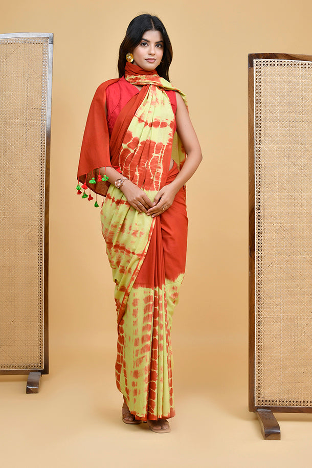 Fiery Red and Yellow Shibori Tie-Dye Mul Cotton Saree