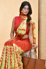 Fiery Red and Yellow Shibori Tie-Dye Mul Cotton Saree