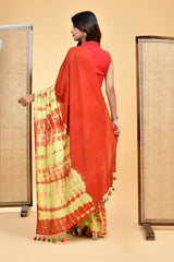 Fiery Red and Yellow Shibori Tie-Dye Mul Cotton Saree