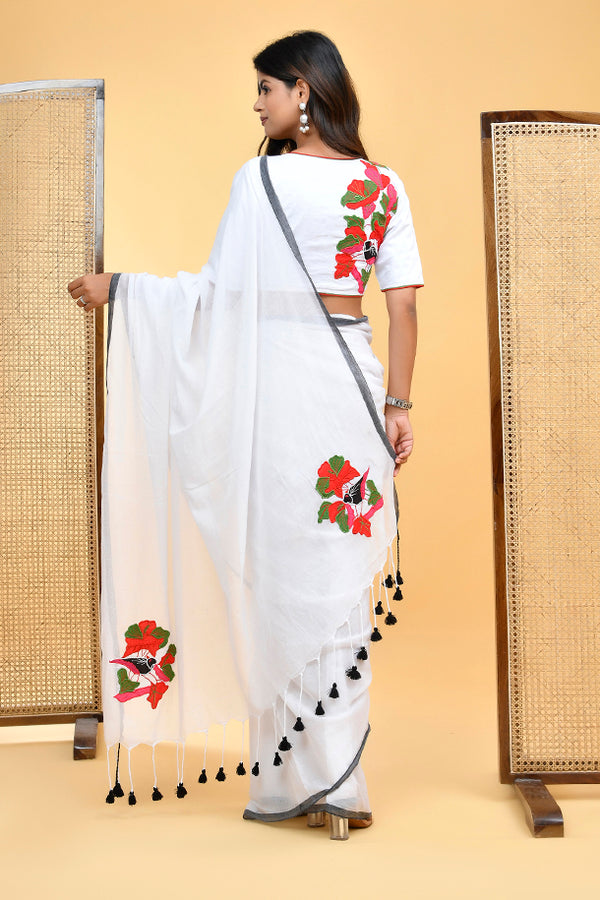 White Cotton Blouse with Red Floral Embroidery