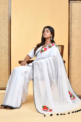 Elegant White Mul Cotton Floral Embroidered Saree Blouse Set