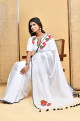 Elegant White Mul Cotton Floral Embroidered Saree Blouse Set